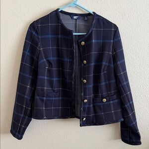 Chase bank Women's Checkered Navy Blazer with Gold Accents